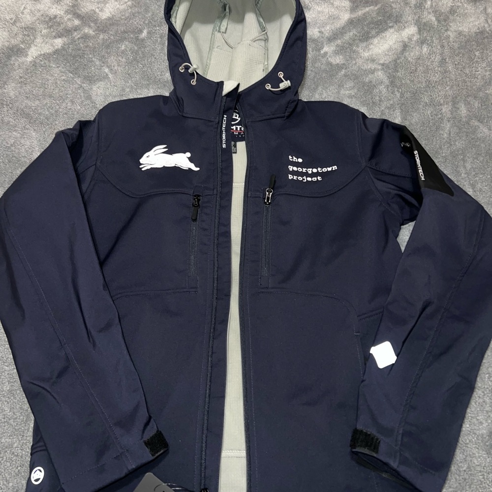 Storm Blue Performance Jacket with Hood and Water-Resistant Fabric